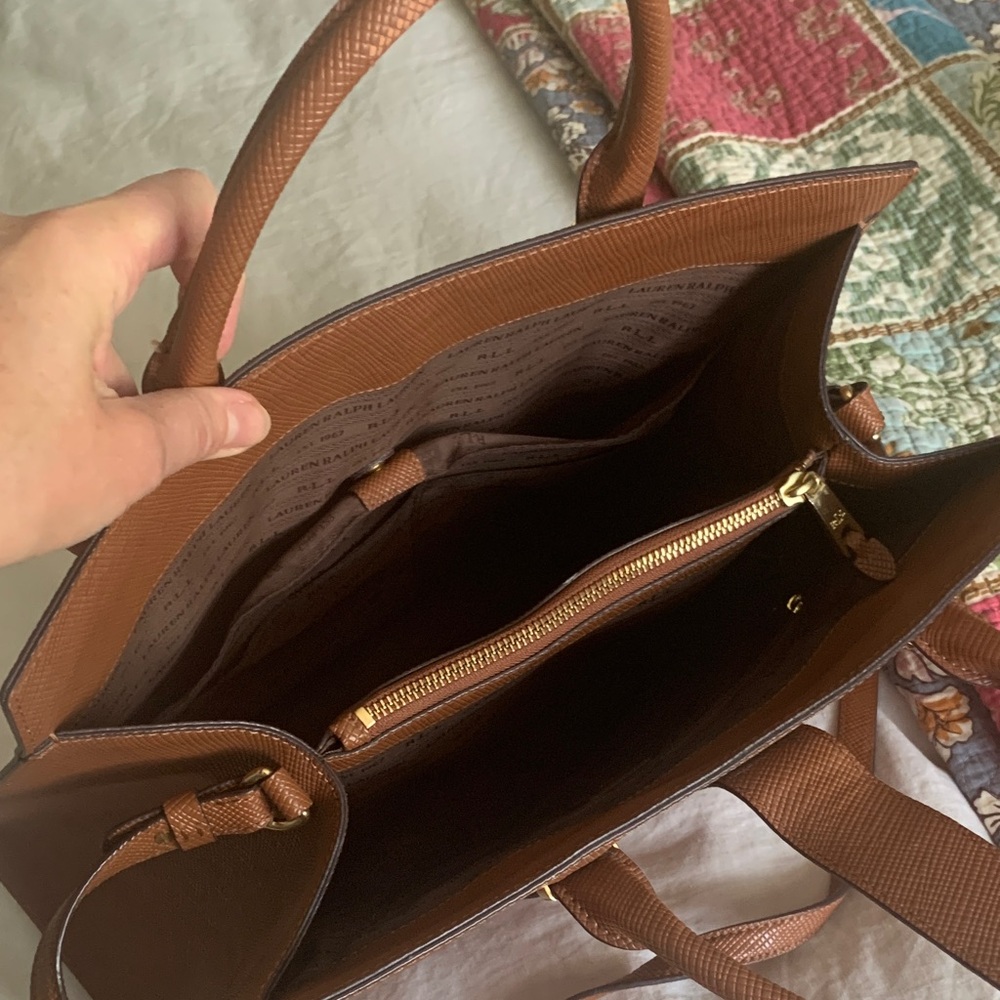 Ralph Lauren Cognac Textured Leather Satchel with Gold RL Medallion - Picture 7 of 16
